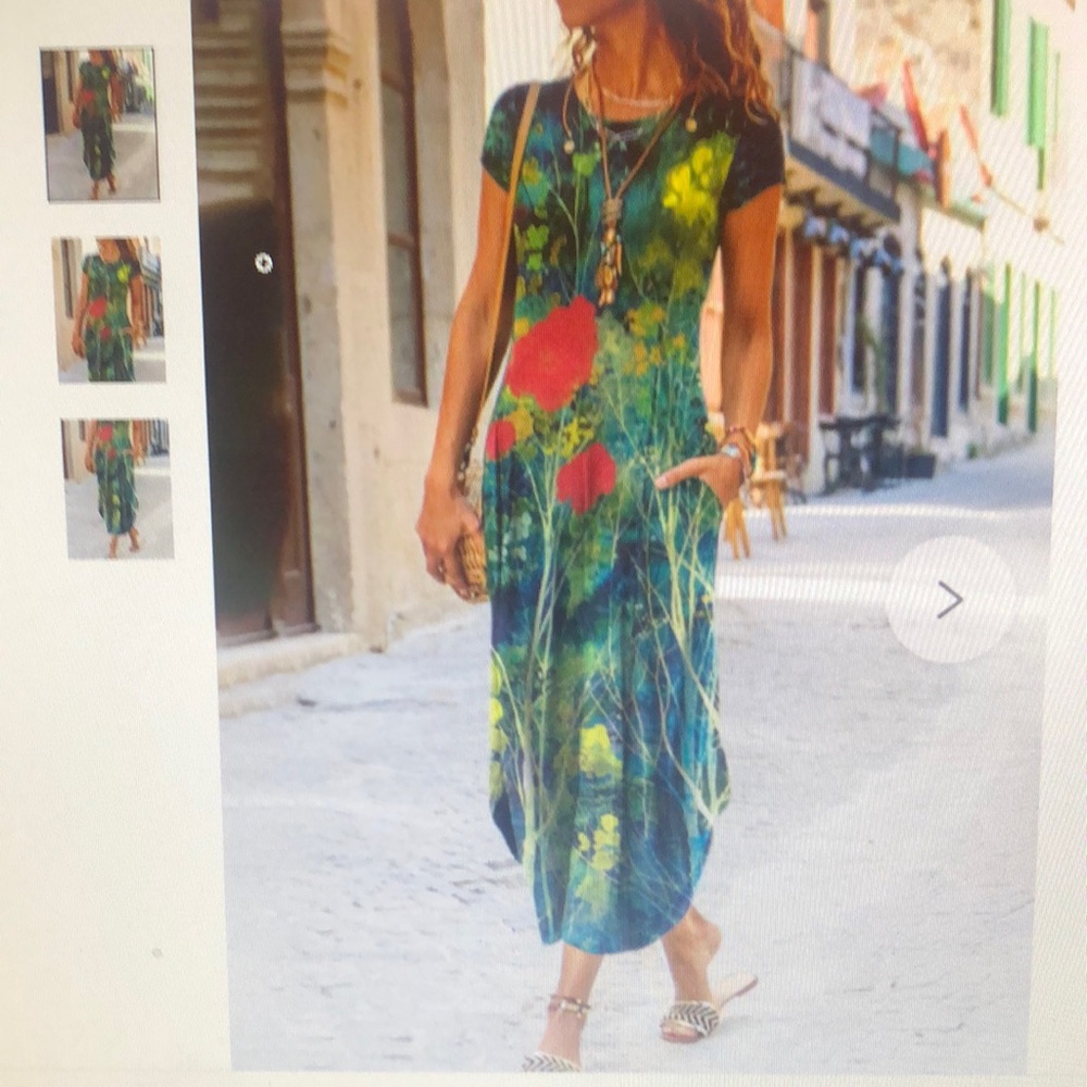 Summer floral/plant print short sleeve A-line casual crew neck maxi dress